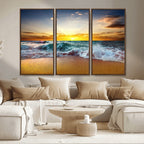 Golden Sunset Ocean Waves Wall Art Canvas Print | Multi Panel Beach Canvas Set, Coastal Triptych
