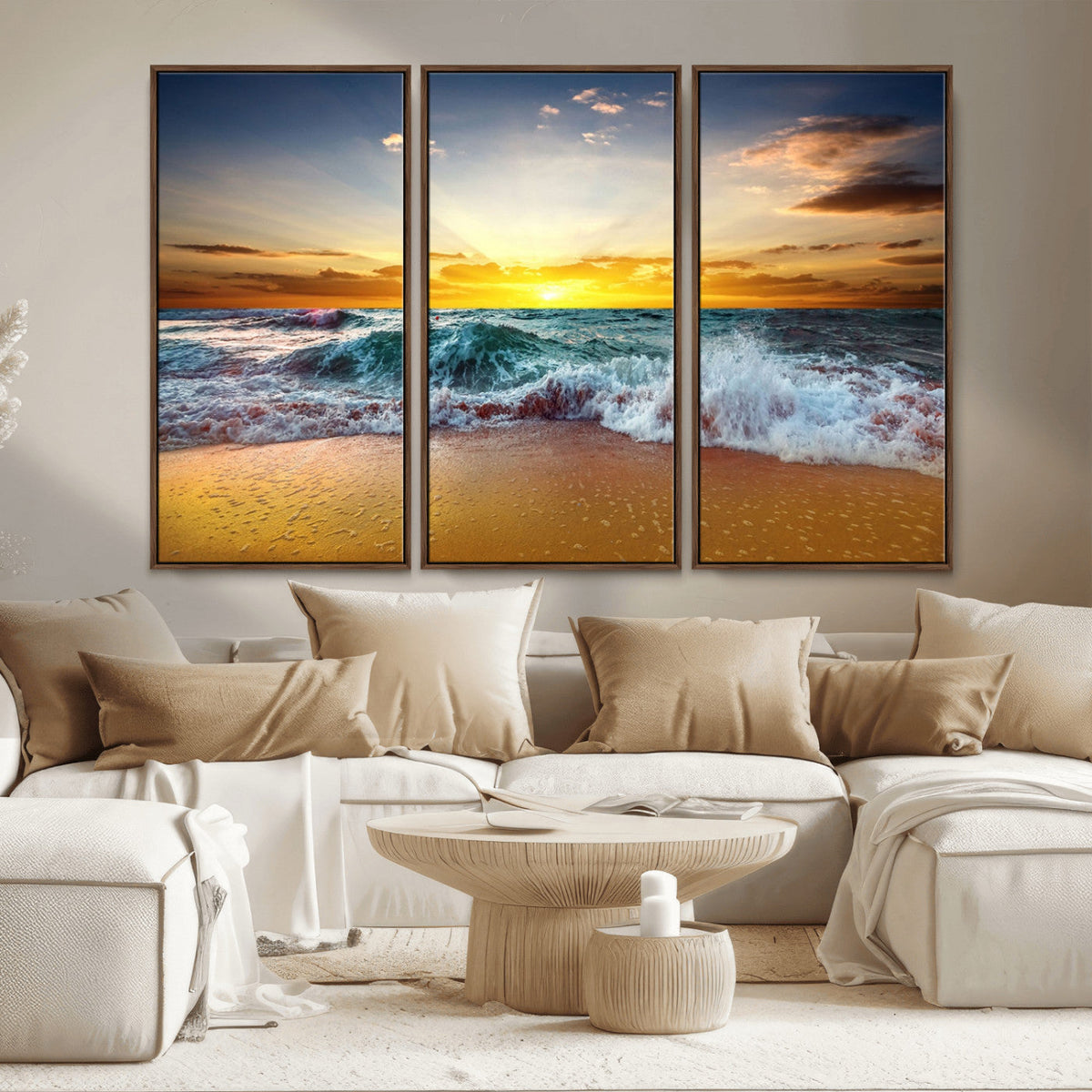 Golden Sunset Ocean Waves Wall Art Canvas Print | Multi Panel Beach Canvas Set, Coastal Triptych