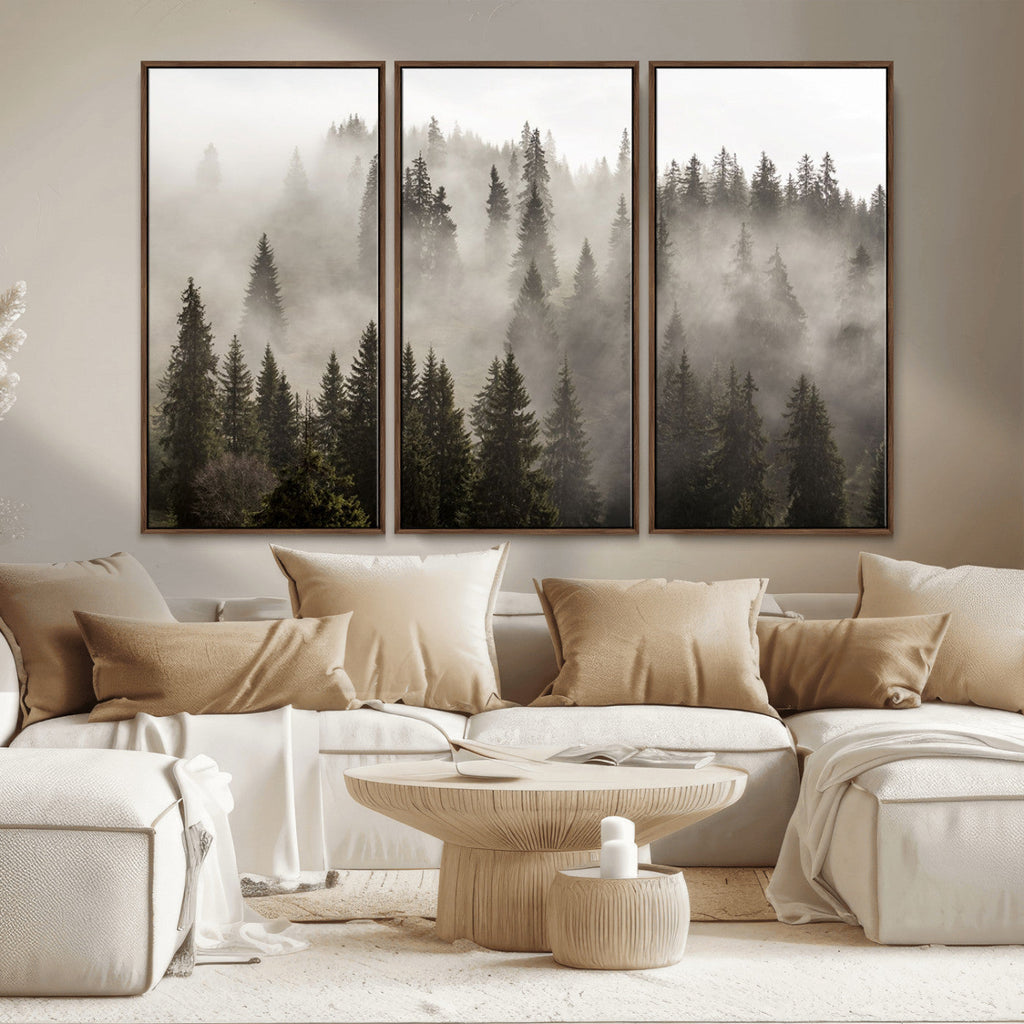 Foggy Mountain Wall Art | 3-Panel Foggy Forest and Mountain Landscape Canvas Print