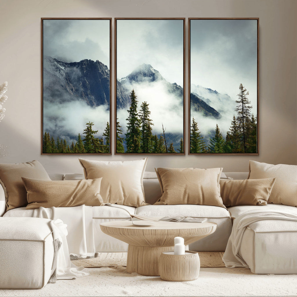 Mountain Mist Canvas Wall Art Print | 3-Panel Foggy Forest and Mountain Landscape