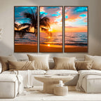 Palm Tree Sunset On The Beach Wall Art Canvas, Framed Palm Tree Sunset Canvas Print