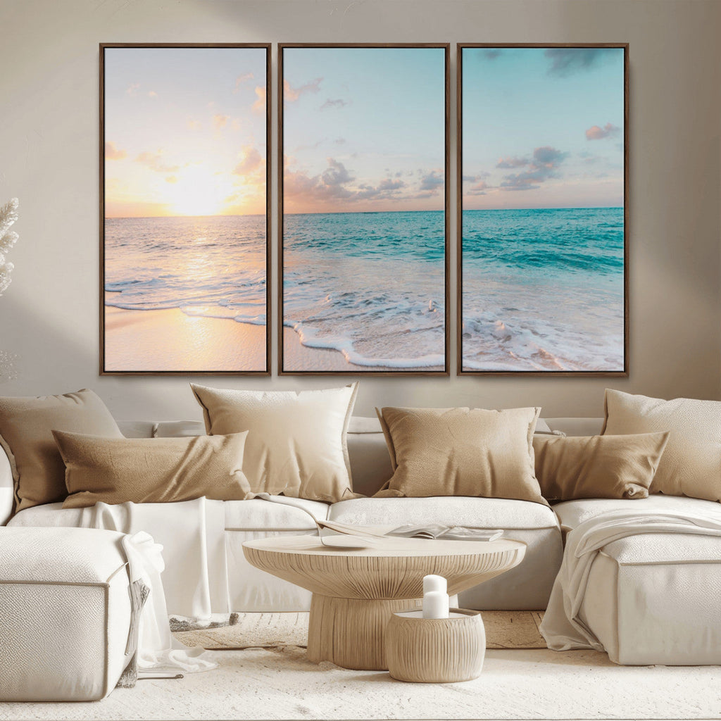 Tranquil Ocean Beach Sunset Canvas Wall Art | 3-Panel Coastal Decor