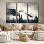 Forest Mountain Print | Black and White Canvas Wall Art with Misty Forest Design