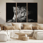 Lion Couple Wall Art Canvas Print, Elegant Black and White Wildlife Portrait
