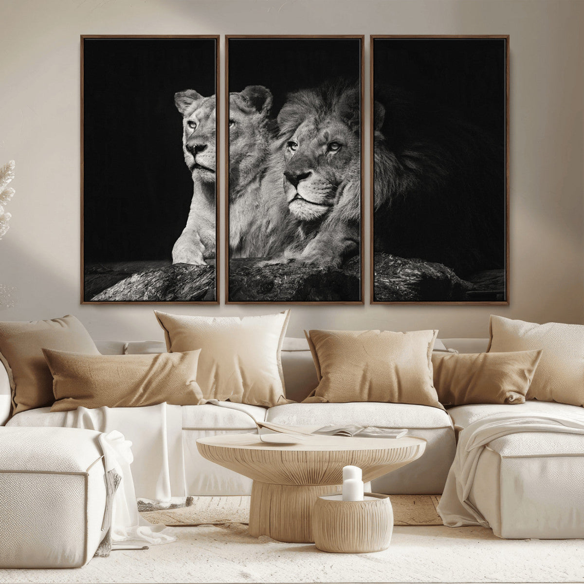 Lion Couple Wall Art Canvas Print, Elegant Black and White Wildlife Portrait