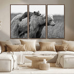 Bear and Cub Wall Art Canvas | Grizzly 399 Bear and Cub Black and White Wildlife Print