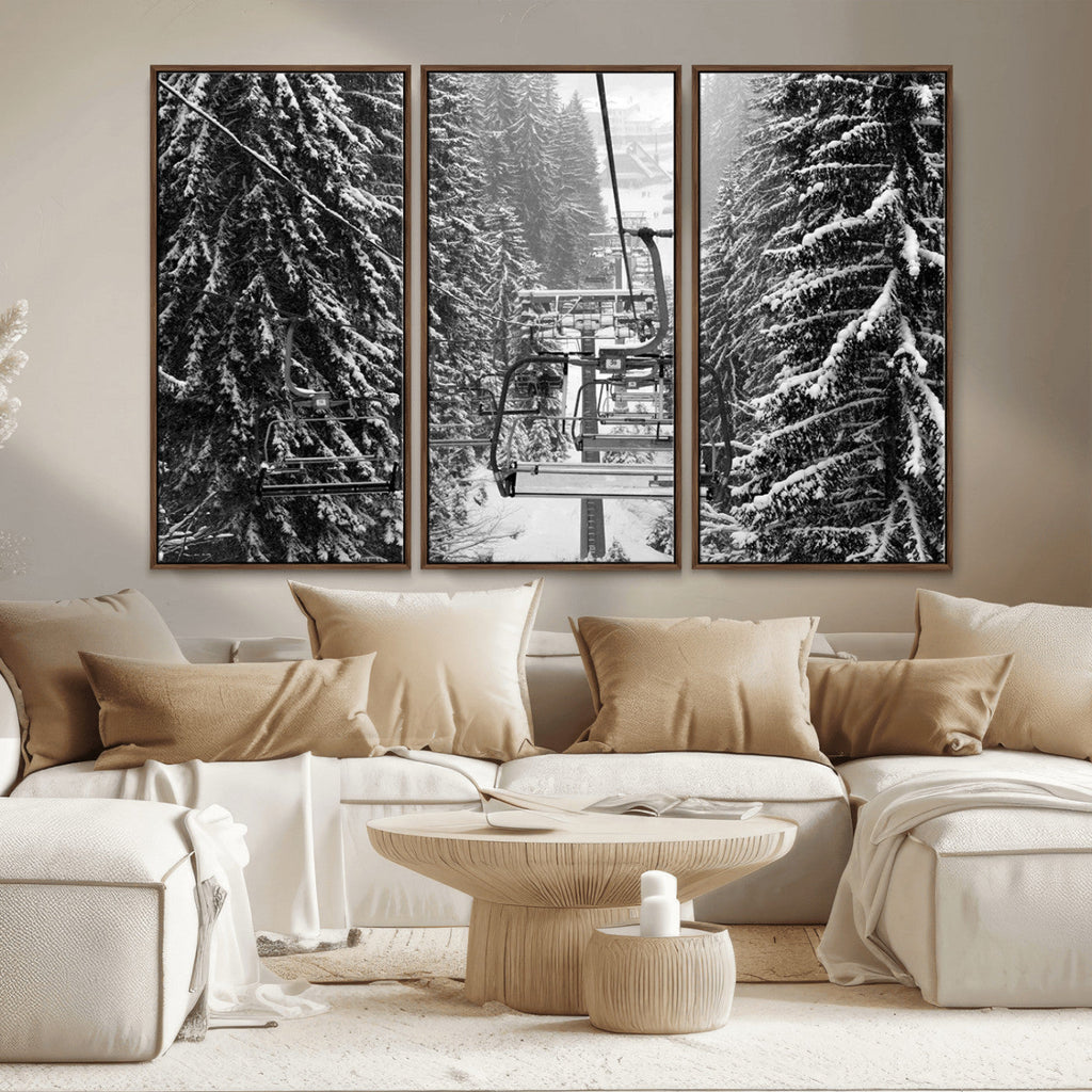 Winter Ski Lift Black and White Canvas Wall Art | Alpine Escape in Minimalist Style
