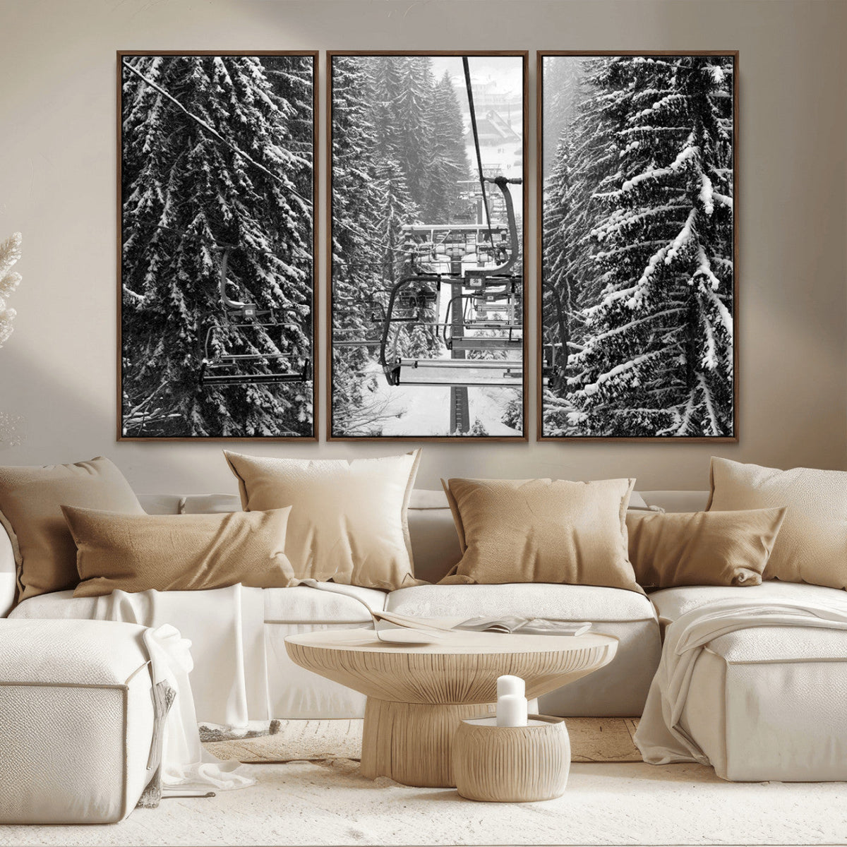 Winter Ski Lift Black and White Canvas Wall Art | Alpine Escape in Minimalist Style