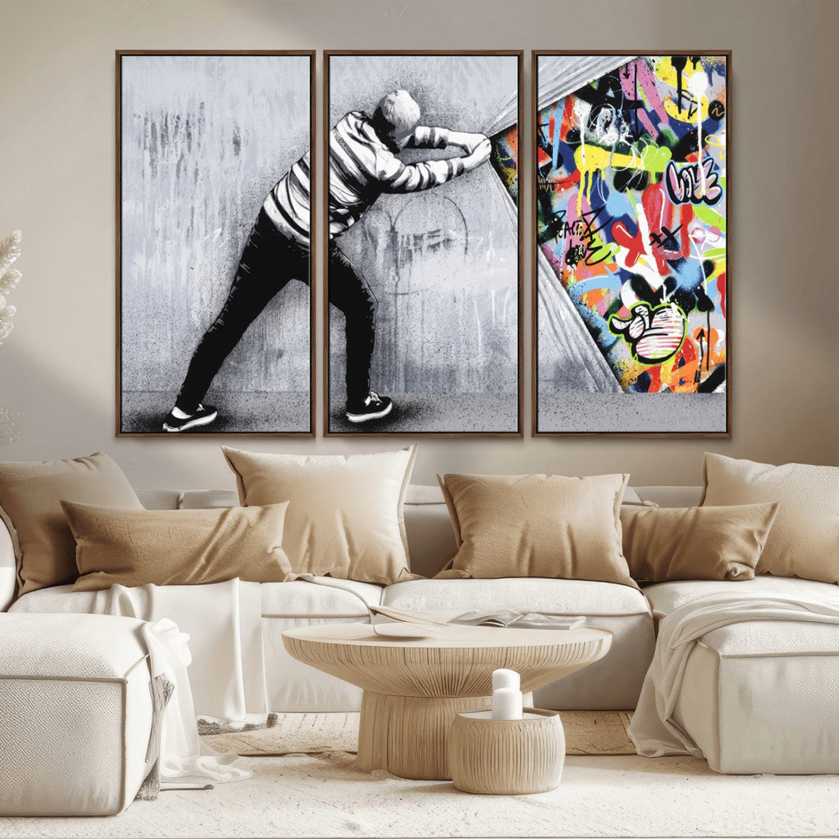 Banksy Art Behind the Curtain Street Wall Art Canvas Print | Urban Graffiti Style Wall Decor