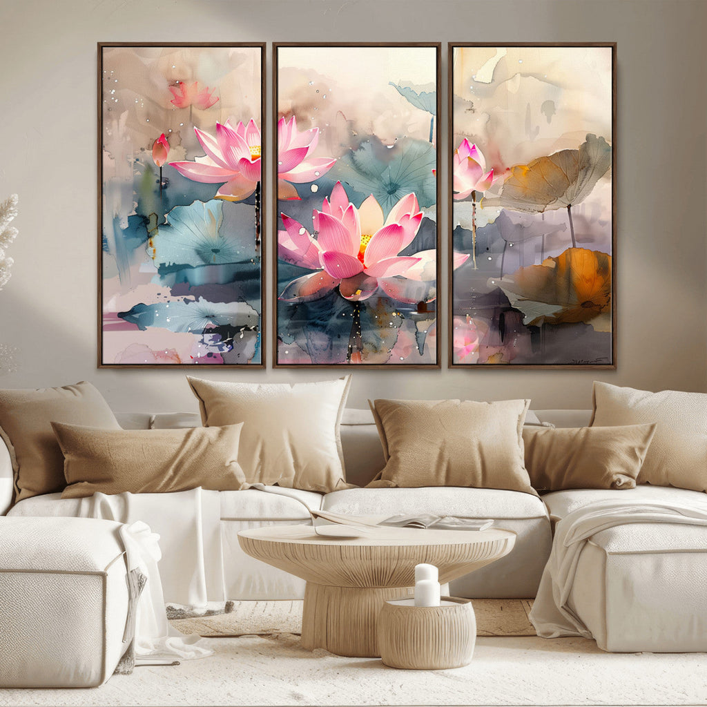Lotus Flower Wall Art | 3 Panel Giclee Canvas Print of Pink Lotus Blossoms