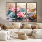 Lotus Flower Wall Art | 3 Panel Giclee Canvas Print of Pink Lotus Blossoms
