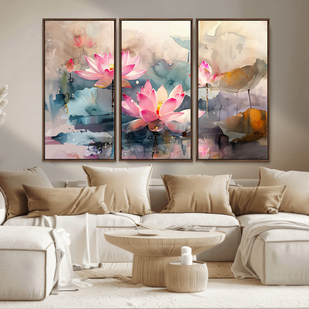 Lotus Flower Wall Art | 3 Panel Giclee Canvas Print of Pink Lotus Blossoms