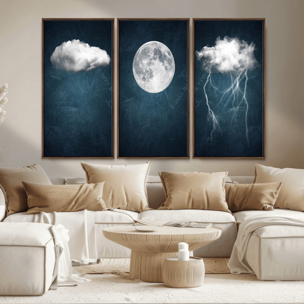 3 Piece Indigo Cloud Wall Art, Thunderstorm Moon Cloud Artwork