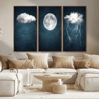 3 Piece Indigo Cloud Wall Art, Thunderstorm Moon Cloud Artwork
