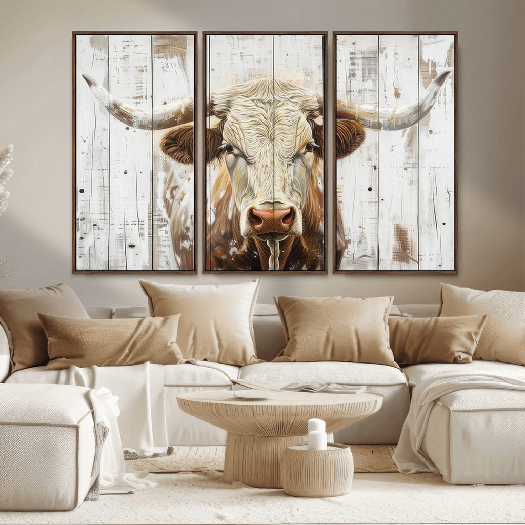 Rustic Longhorn Bull Wall Art Canvas Set