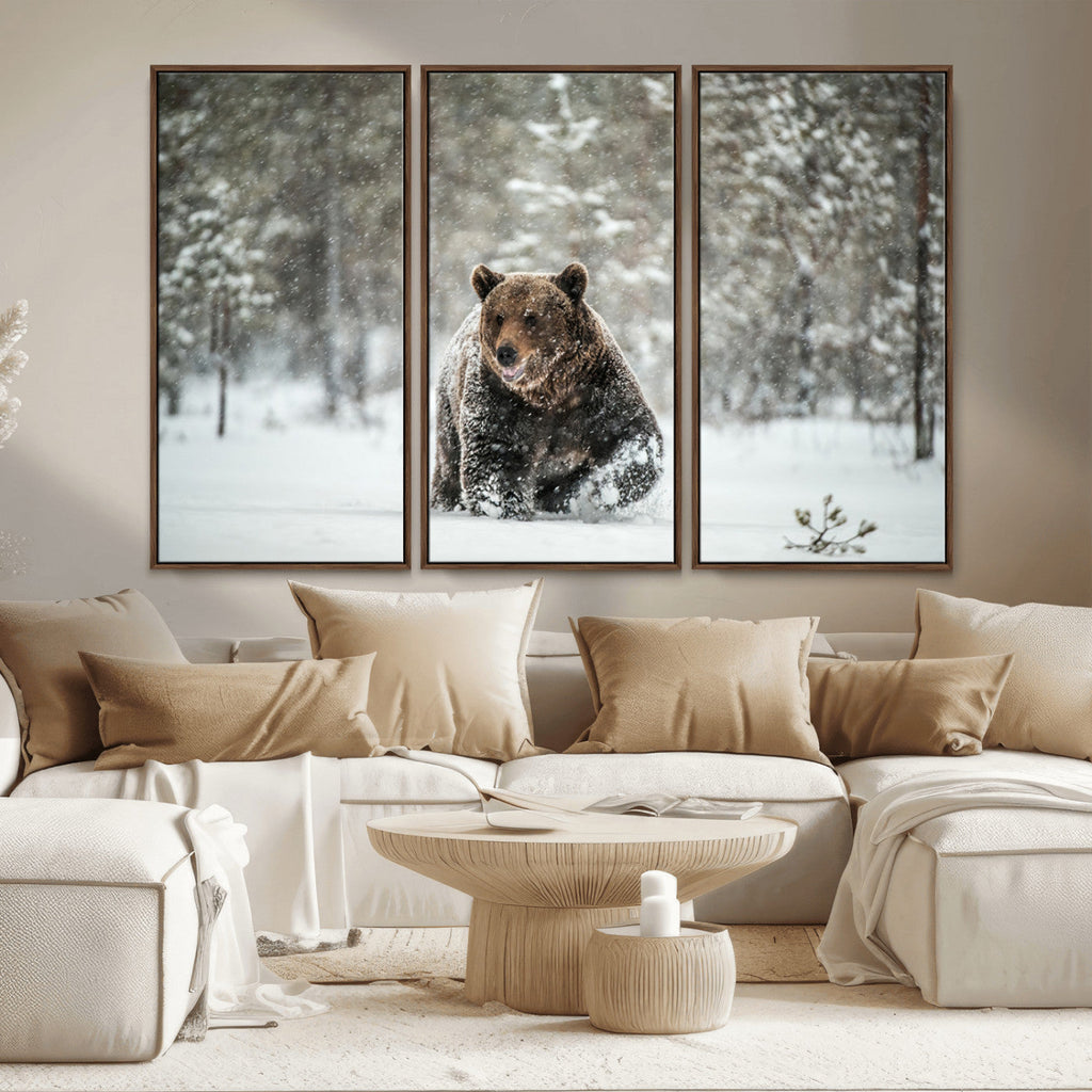 Grizzly Bear Wall Art | Framed Snowy Forest Canvas Artwork