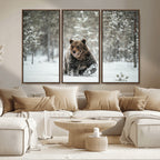 Grizzly Bear Wall Art | Framed Snowy Forest Canvas Artwork