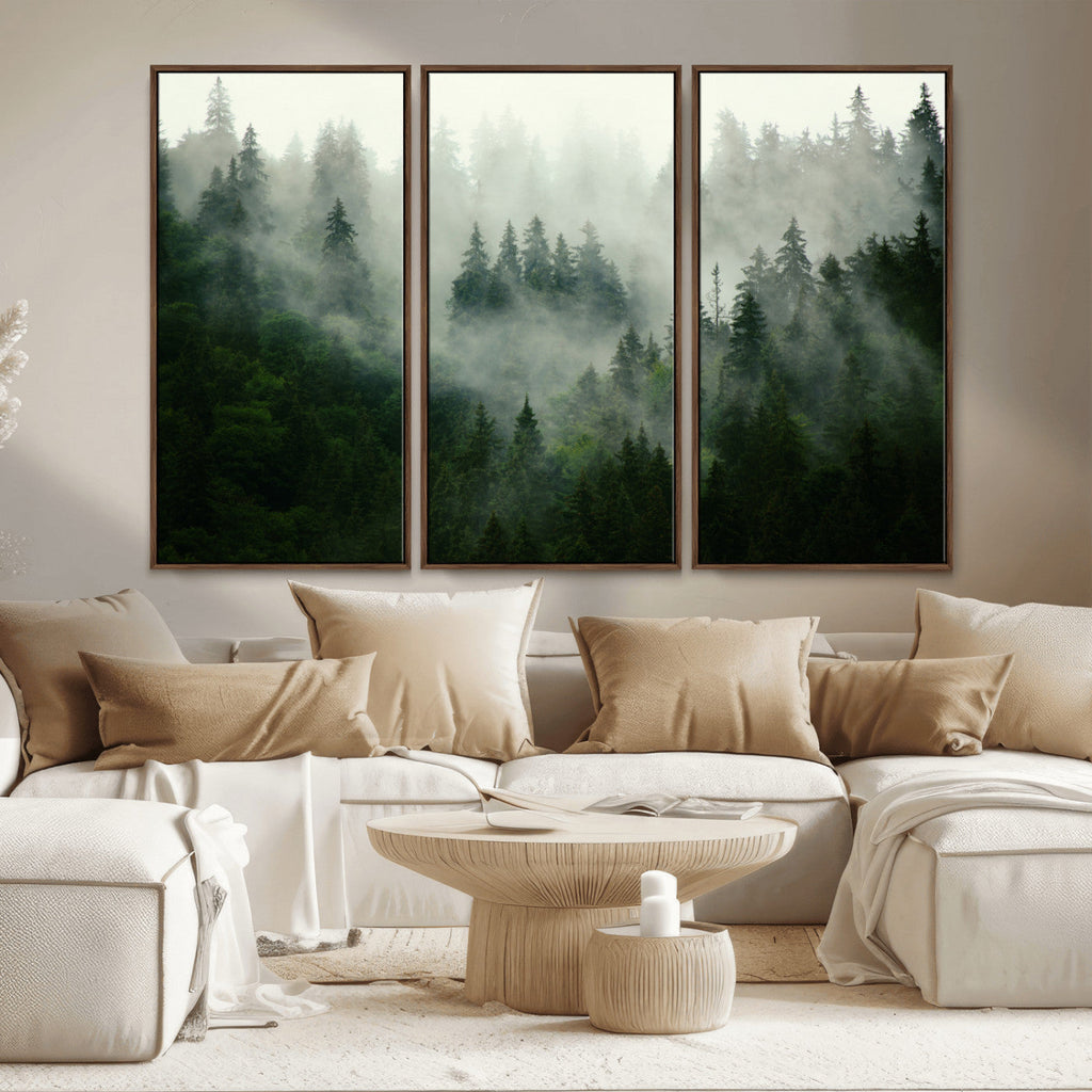 Misty Forest Wall Art | Tranquil Green Woodland Canvas Print