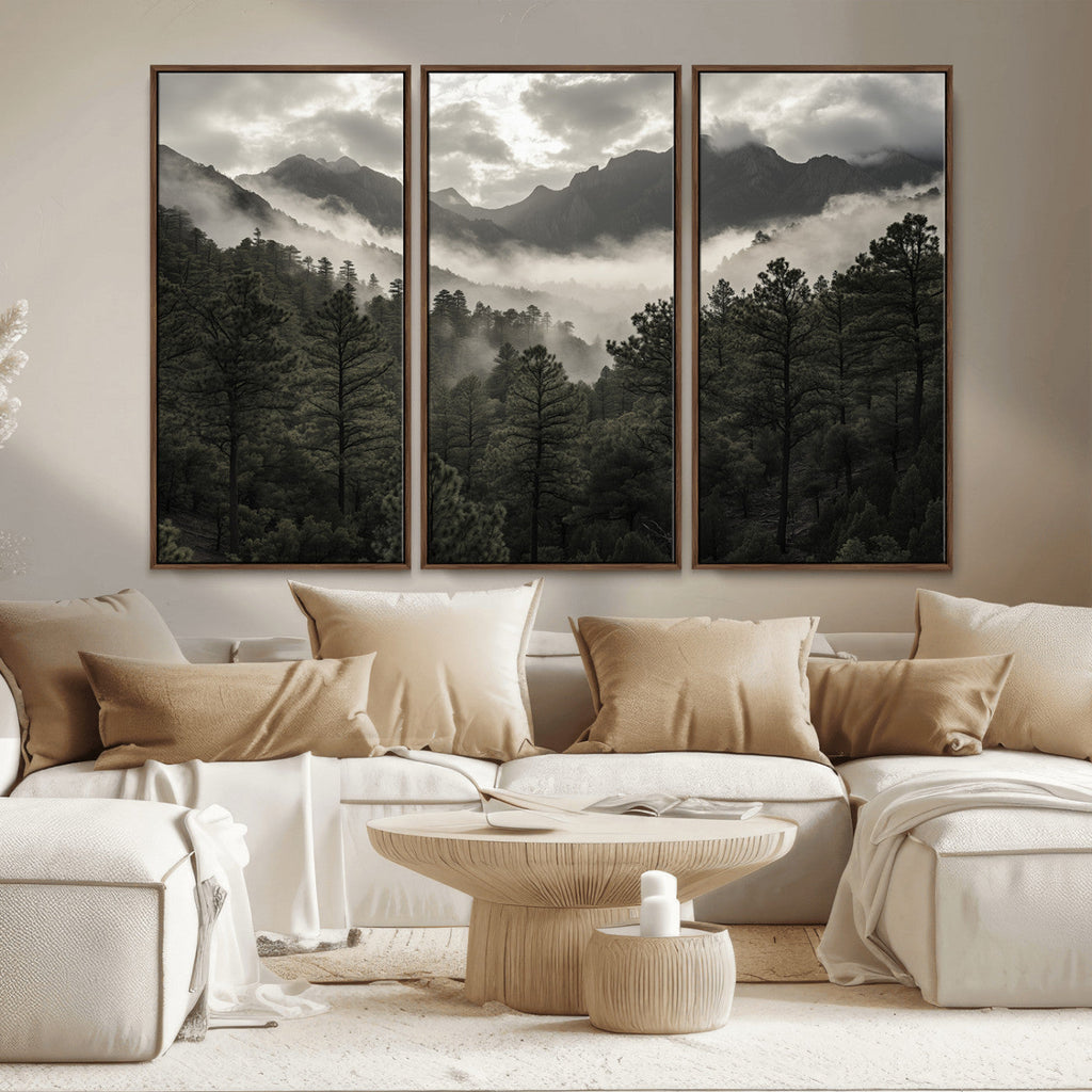 Moody Forest Wall Art | Framed Mountain Fog Canvas Artwork