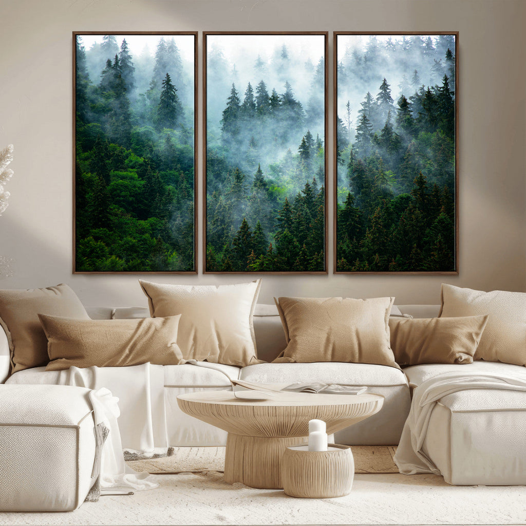 Misty Forest Wall Art Canvas Print, Framed Foggy Mountain Art, Large Scenic Woodland Canvas