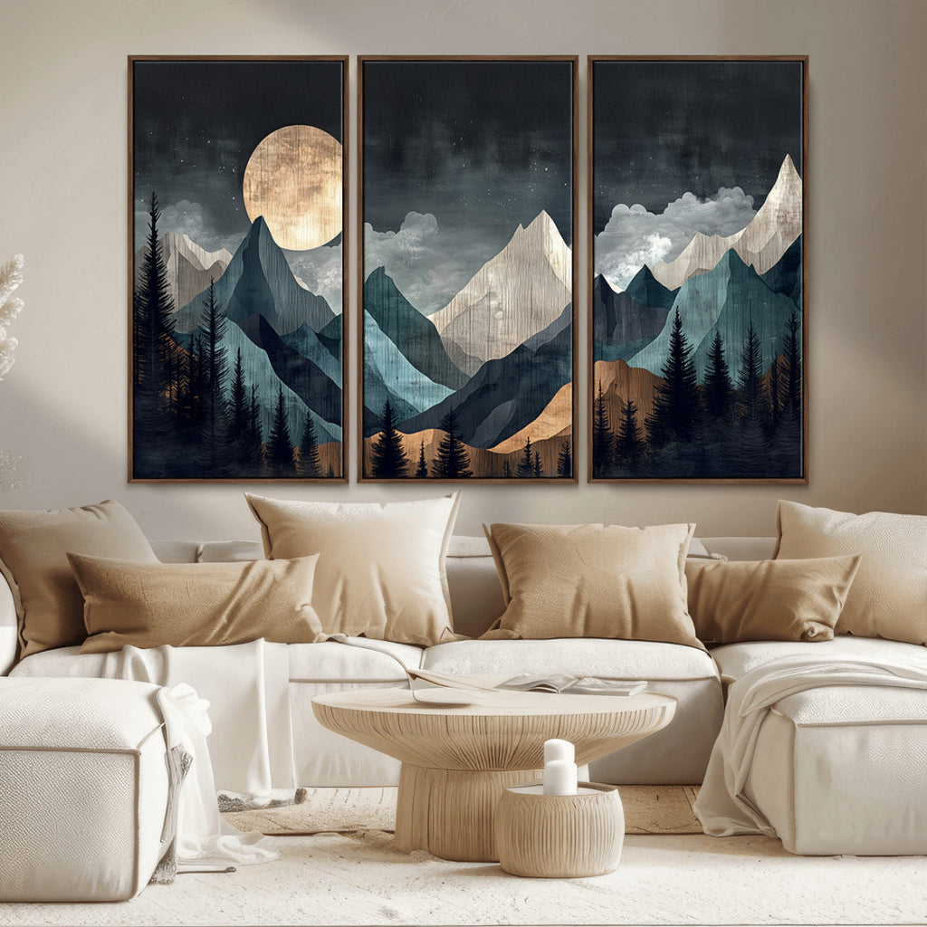 Moonlit Mountain Wall Art Canvas Print, Framed Silhouetted Pines Art, Layered Peaks Rustic Decor