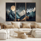 Moonlit Mountain Wall Art Canvas Print, Framed Silhouetted Pines Art, Layered Peaks Rustic Decor