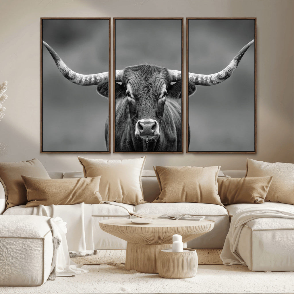 Texas Longhorn Wall Art Canvas Print, Framed Western Bull Photography, Rustic Log Cabin Decor
