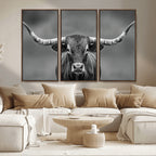 Texas Longhorn Wall Art Canvas Print, Framed Western Bull Photography, Rustic Log Cabin Decor