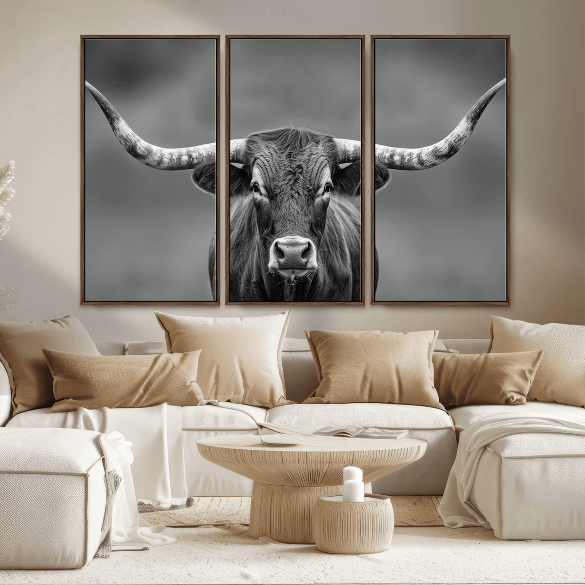 Texas Longhorn Wall Art Canvas Print, Framed Western Bull Photography, Rustic Log Cabin Decor