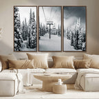 Snowy Pines Wall Art Canvas Print | Ski Lift in a Winter Forest