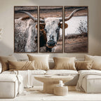Texas Longhorn Wall Art Canvas Print | Framed Brown and White Spotted Longhorn