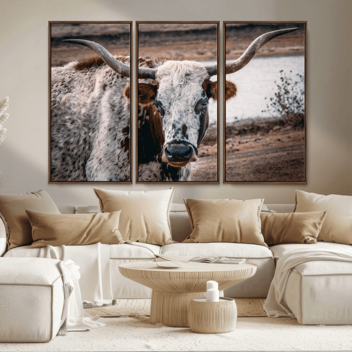 Texas Longhorn Wall Art Canvas Print | Framed Brown and White Spotted Longhorn