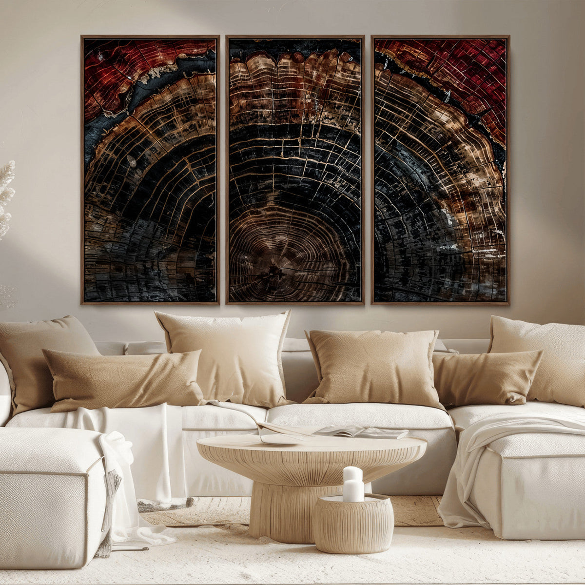 Dark Wood Ring Wall Art Canvas Print, Framed Abstract Tree Slice Print, Rustic Wood Grain Decor