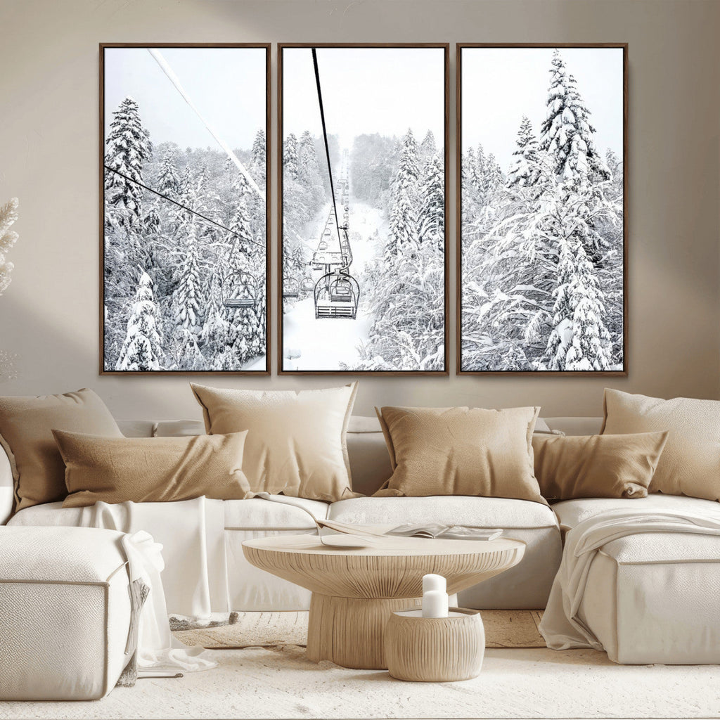 Snowy Ski Lift Wall Art | Framed Winter Mountain Canvas