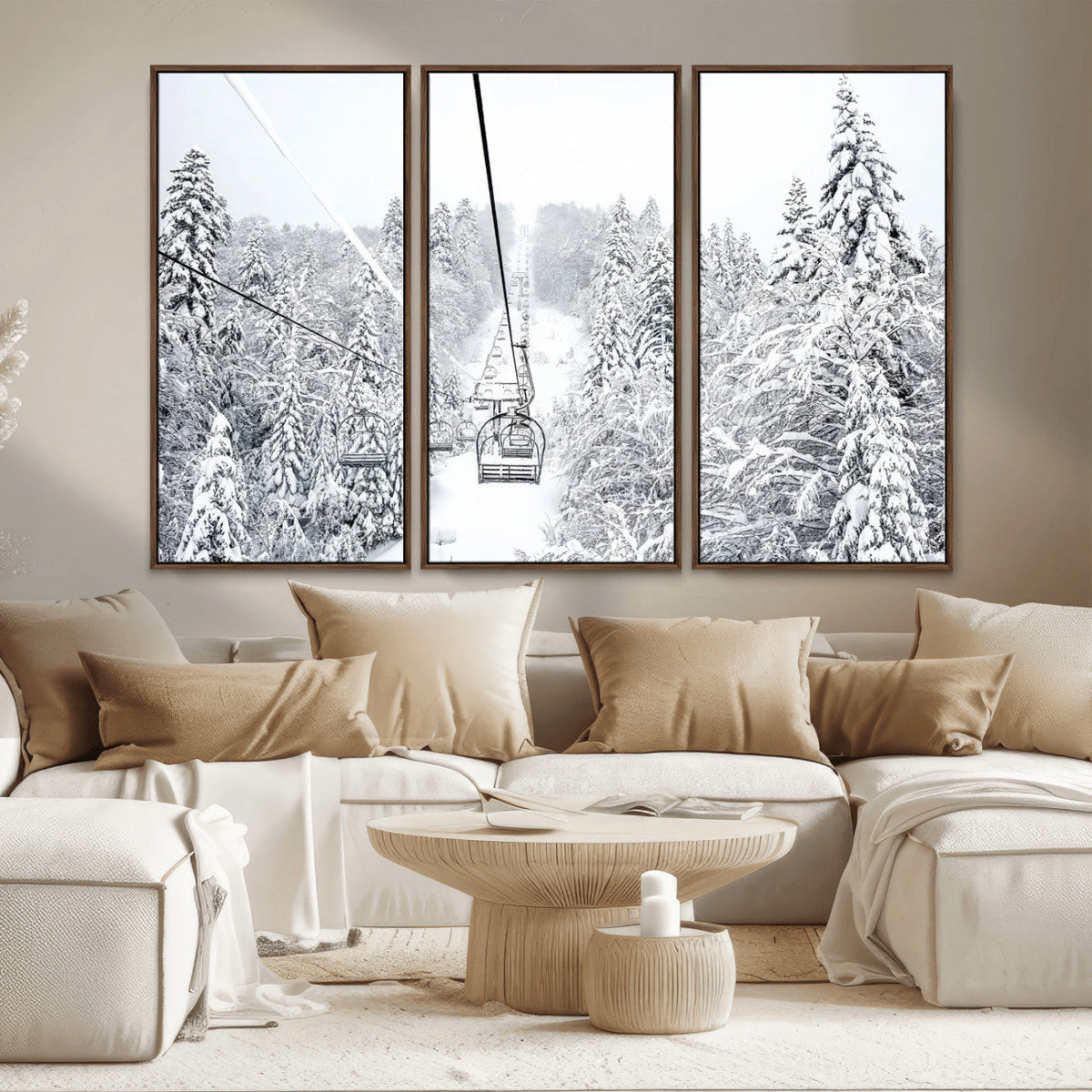 Snowy Ski Lift Wall Art | Framed Winter Mountain Canvas