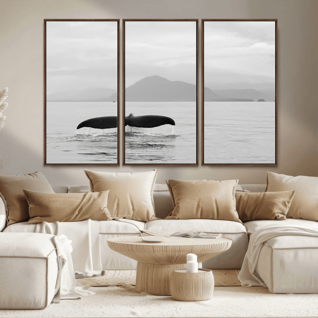 Whale Tail Wall Art | Framed Black White Ocean Canvas