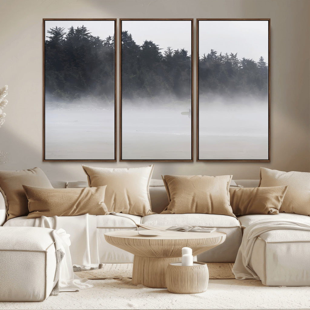 Surfer Fog Wall Art Canvas Print, Framed Foggy Beach and Coastal Surf Scene