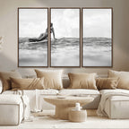 Black and White Surfing Wall Art Canvas Print, Framed Ocean Horizon Surfer Girl