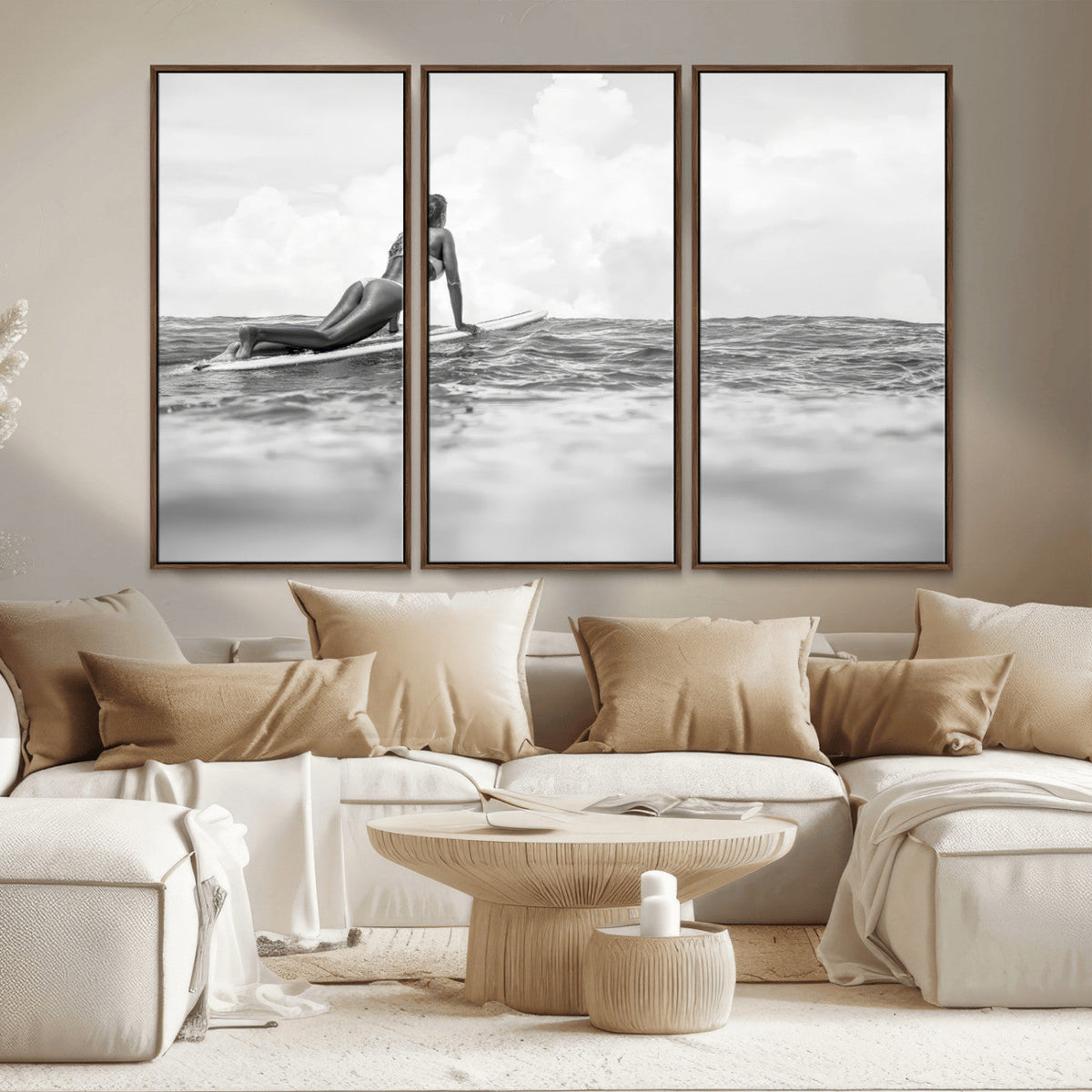 Black and White Surfing Wall Art Canvas Print, Framed Ocean Horizon Surfer Girl