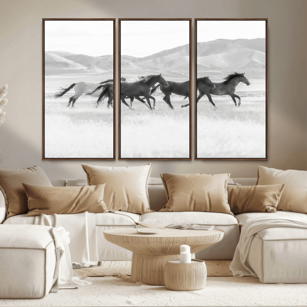 Wild Horses Running Wall Art Canvas Print, Framed Black White Mustangs Artwork