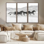 Wild Horses Running Wall Art Canvas Print, Framed Black White Mustangs Artwork