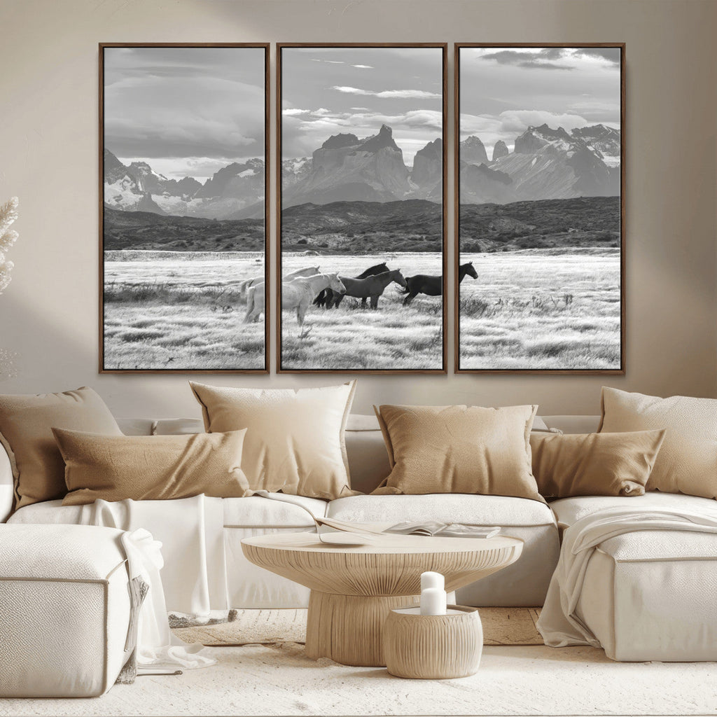 Wild Horses Wall Art | Framed Black White Mountain Canvas