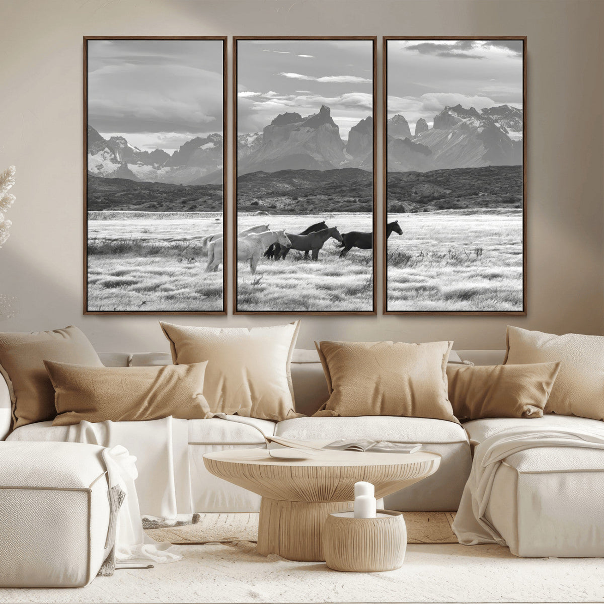 Wild Horses Wall Art | Framed Black White Mountain Canvas