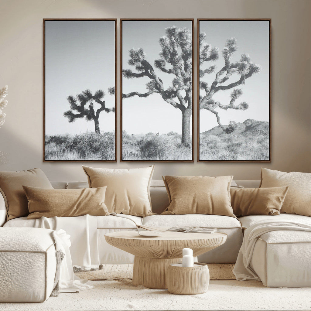 Joshua Tree Wall Art Canvas Print, Framed Black and White Desert Landscape Artwork