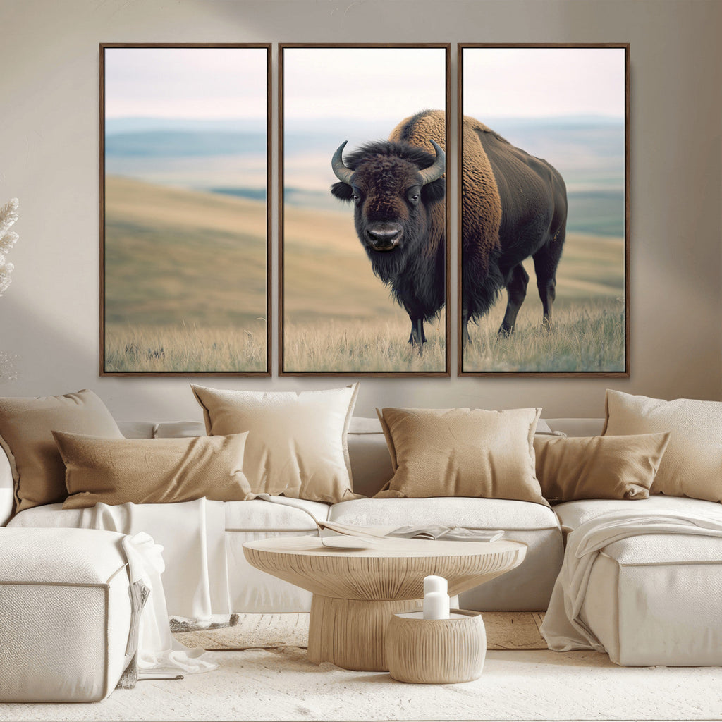 Bison Wall Art Canvas Print, Framed American Buffalo Rustic Western Artwork
