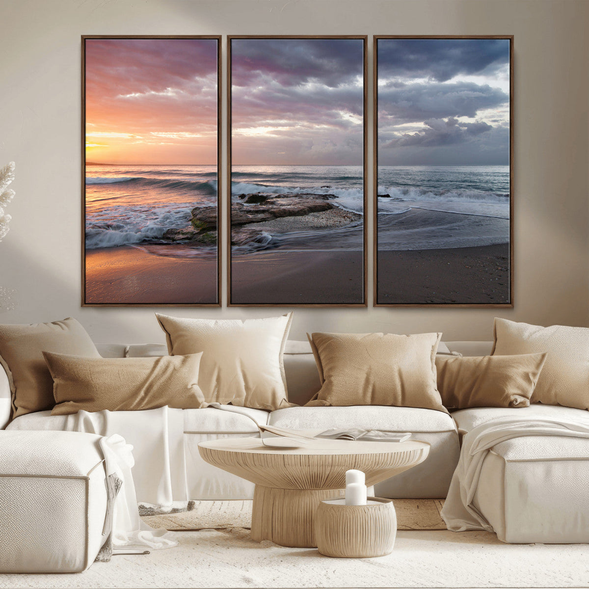Golden Hour Wall Art Canvas Print, Framed Tranquil Waves Beach Sunset