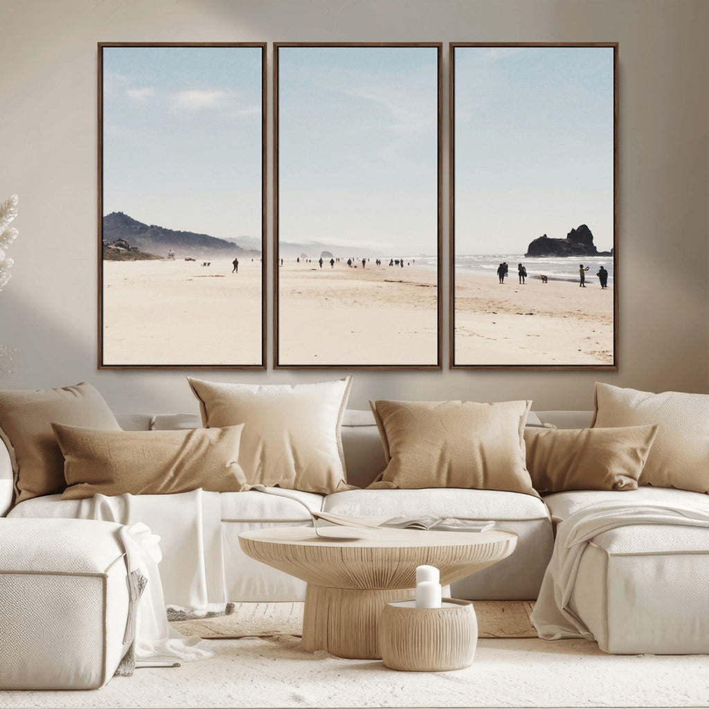 Minimalist Beach Wall Art Canvas Print, Framed Coastal Serenity Soft Sand