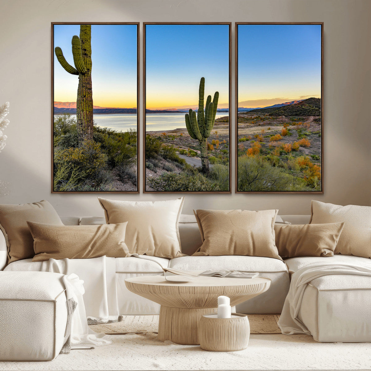 Saguaro Cactus Wall Art Canvas Print, Framed Desert Sunset Southwestern