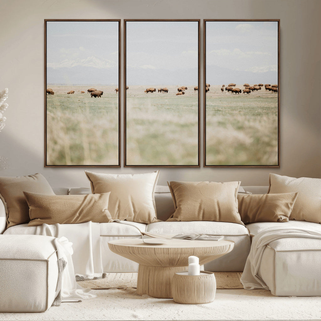 Bison Herd Wall Art Canvas Print, Framed Western Ranch Nature Scene