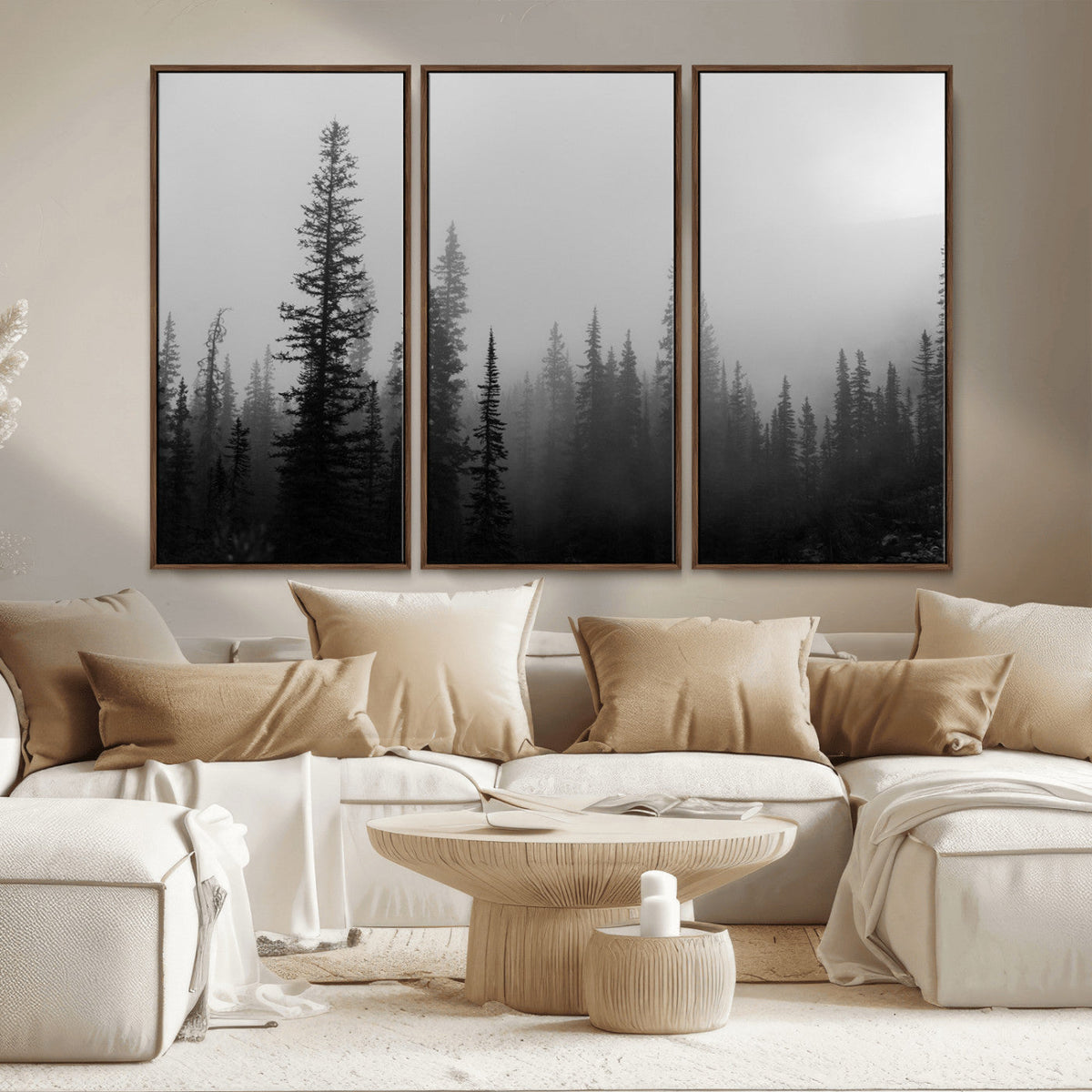 Misty Pines Wall Art Canvas Print, Framed Woodland Minimalist Black and White